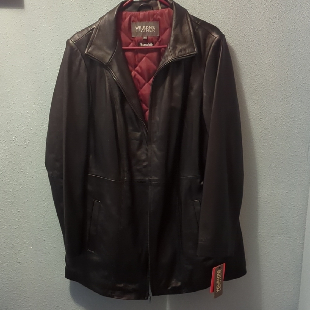 NWT Wilsons Black Leather Jacket with Burgundy Quilted Interior